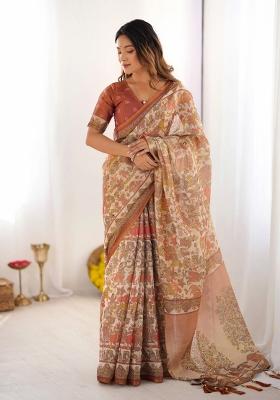Beige Printed Cotton Saree Set