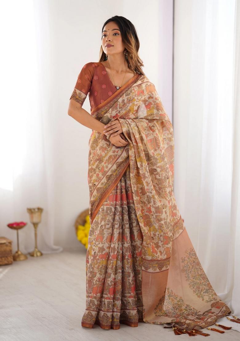 Beige Printed Cotton Saree Set - Indya