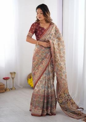 Beige Printed Cotton Saree Set