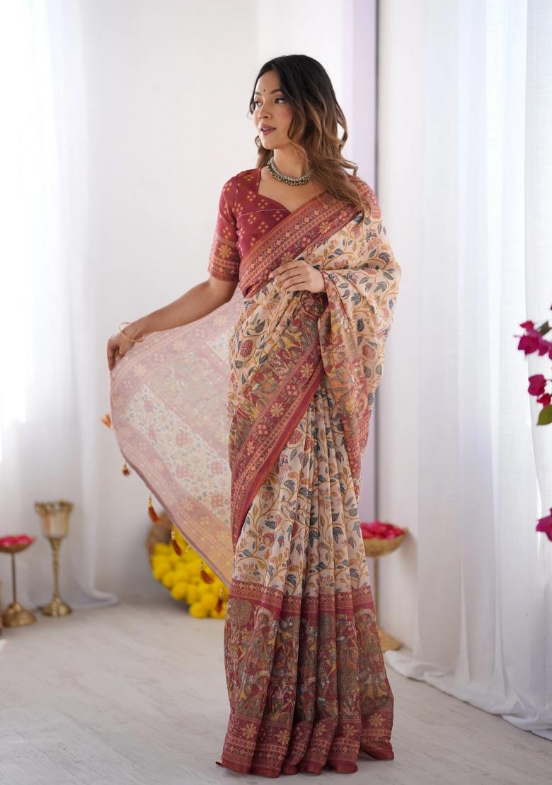 Multicolor Printed Cotton Saree Set