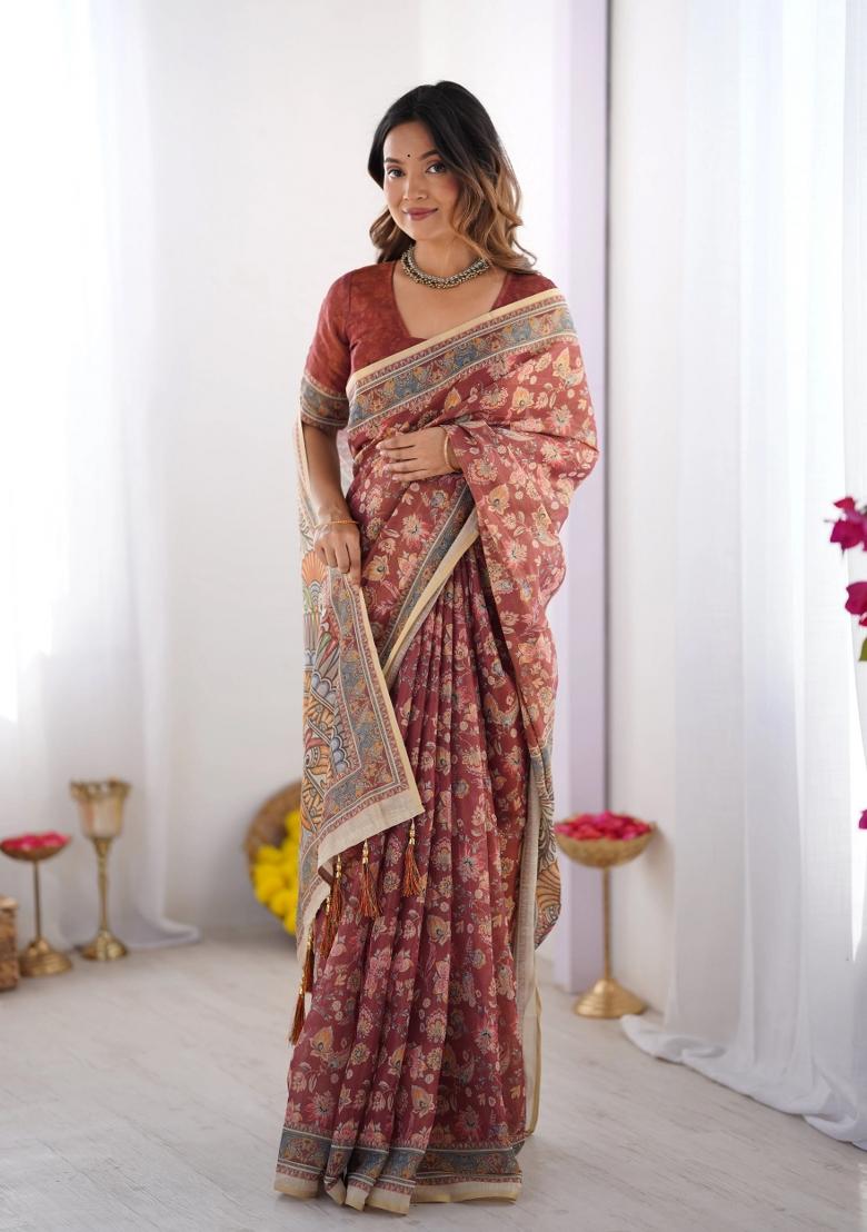 Rust Printed Cotton Saree Set