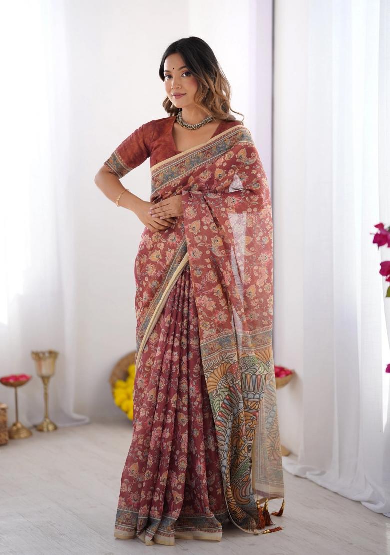 Rust Printed Cotton Saree Set