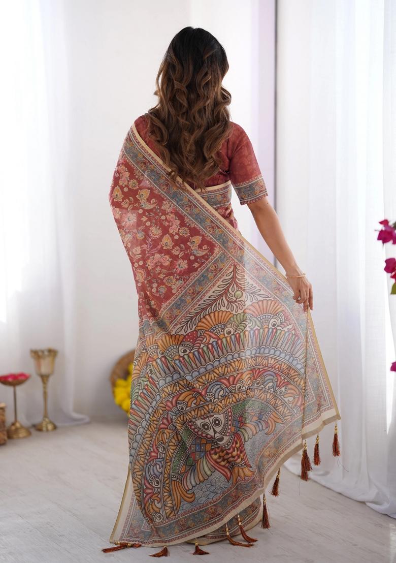 Rust Printed Cotton Saree Set
