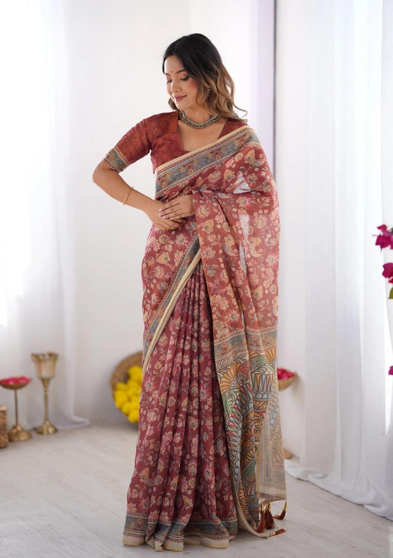 Rust Printed Cotton Saree Set