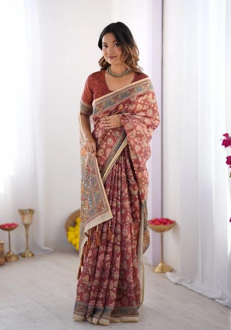Rust Printed Cotton Saree Set