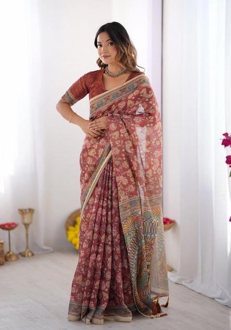 Rust Printed Cotton Saree Set