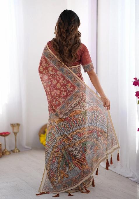 Rust Printed Cotton Saree Set