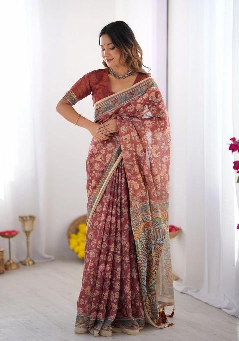 Rust Printed Cotton Saree Set