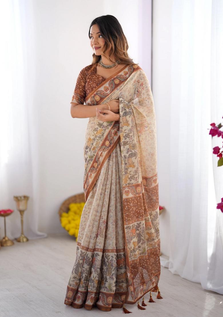 Multicolor Printed Cotton Saree Set