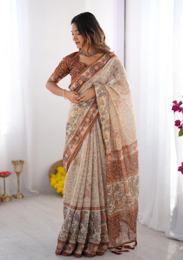 Multicolor Printed Cotton Saree Set