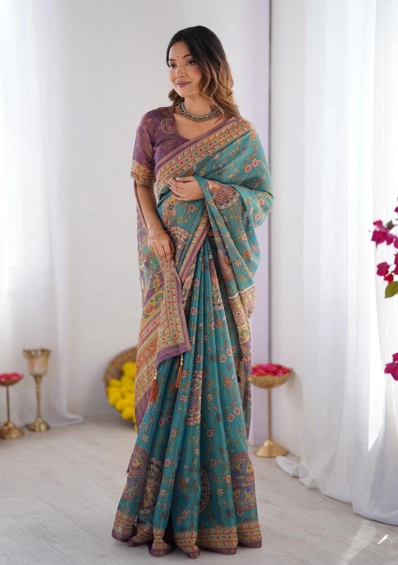 Multicolor Printed Cotton Saree Set