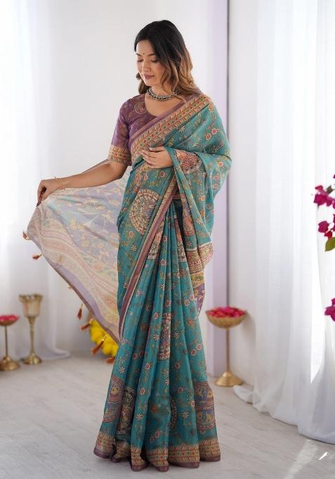 Multicolor Printed Cotton Saree Set
