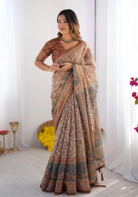 Beige Printed Cotton Saree Set