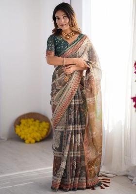 Teal Printed Cotton Saree Set