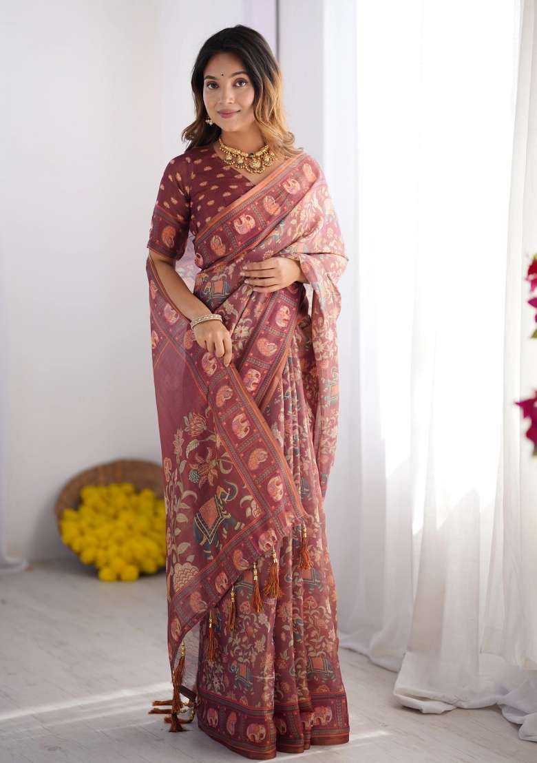 Maroon Printed Cotton Saree Set - Indya
