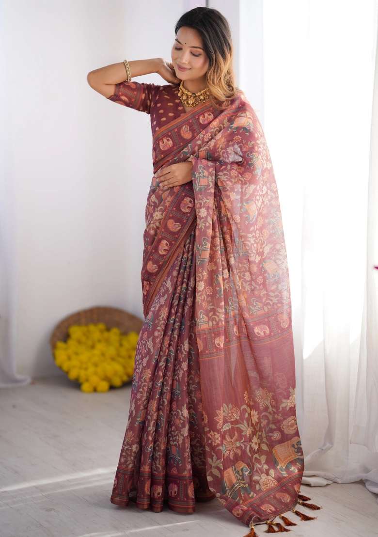 Maroon Printed Cotton Saree Set - Indya