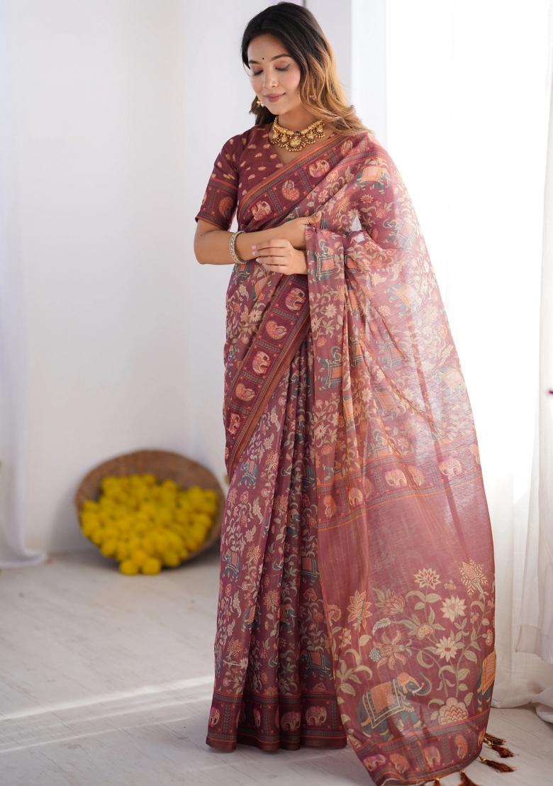 Maroon Printed Cotton Saree Set - Indya