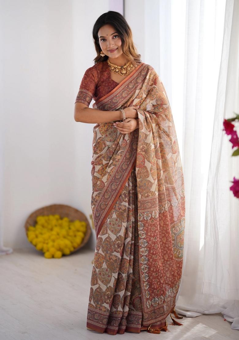 Rust Printed Cotton Saree Set
