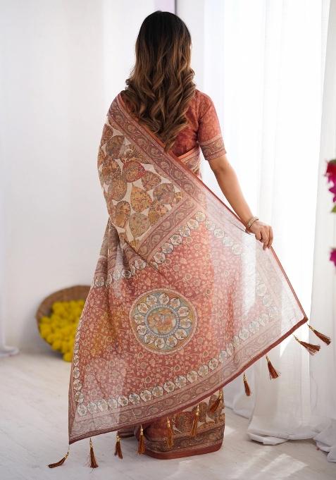 Rust Printed Cotton Saree Set