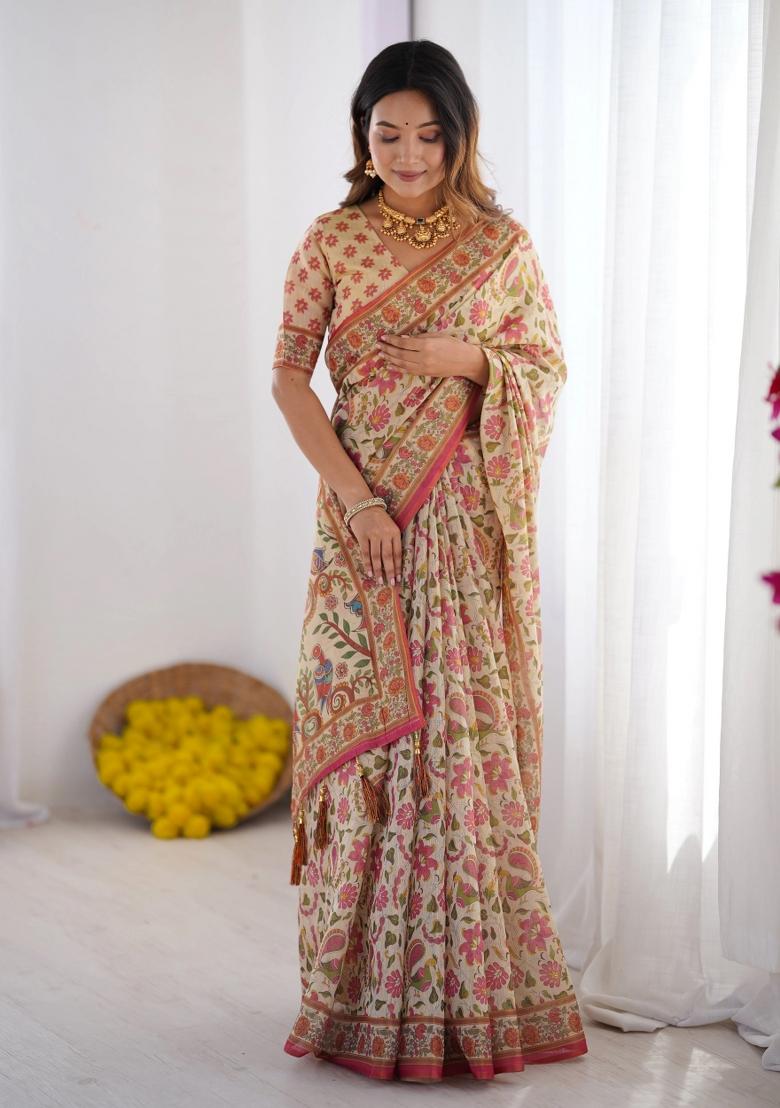 Cream Printed Cotton Saree Set - Indya
