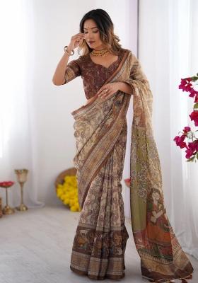 Beige Printed Cotton Saree Set