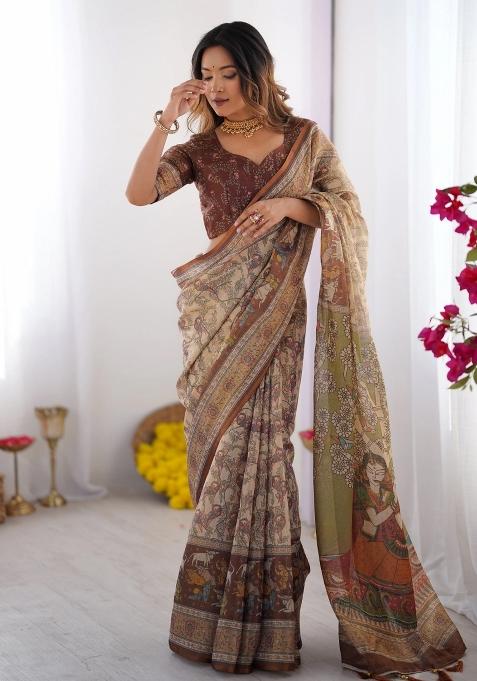 Beige Printed Cotton Saree Set