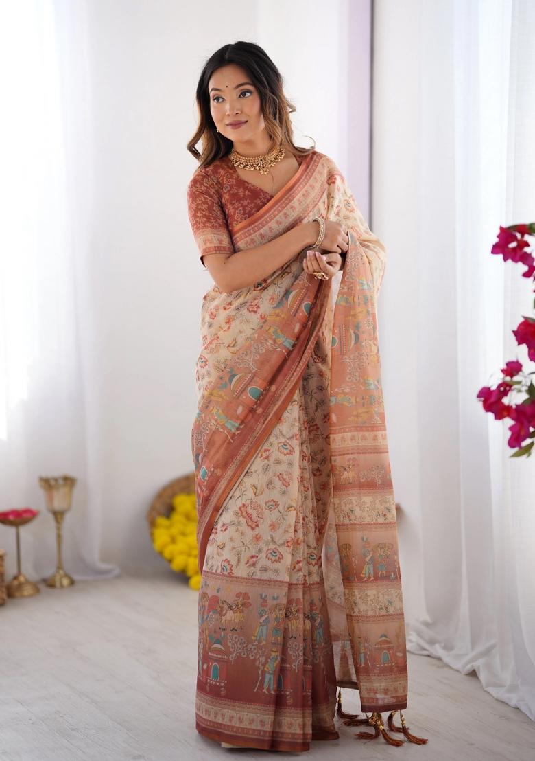 Ivory Printed Cotton Saree Set