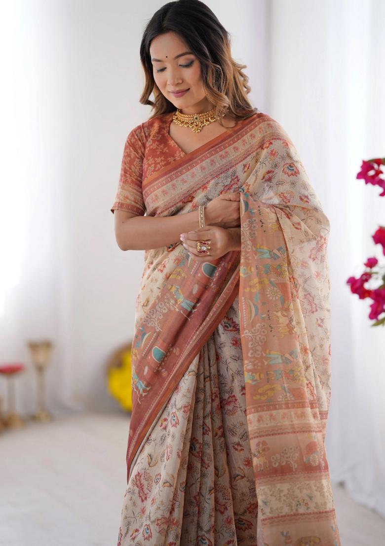 Ivory Printed Cotton Saree Set