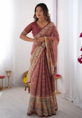 Maroon Printed Cotton Saree Set