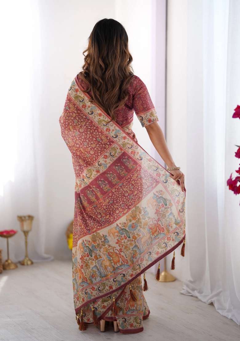 Maroon Printed Cotton Saree Set - Indya