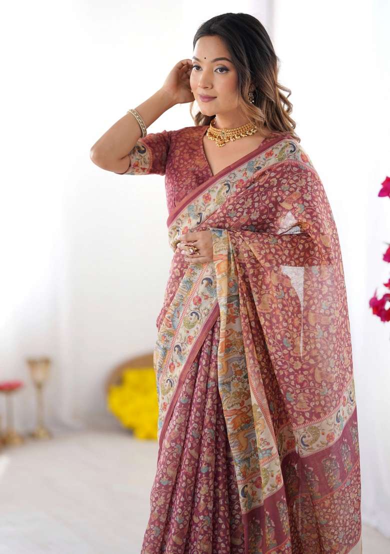 Maroon Printed Cotton Saree Set - Indya