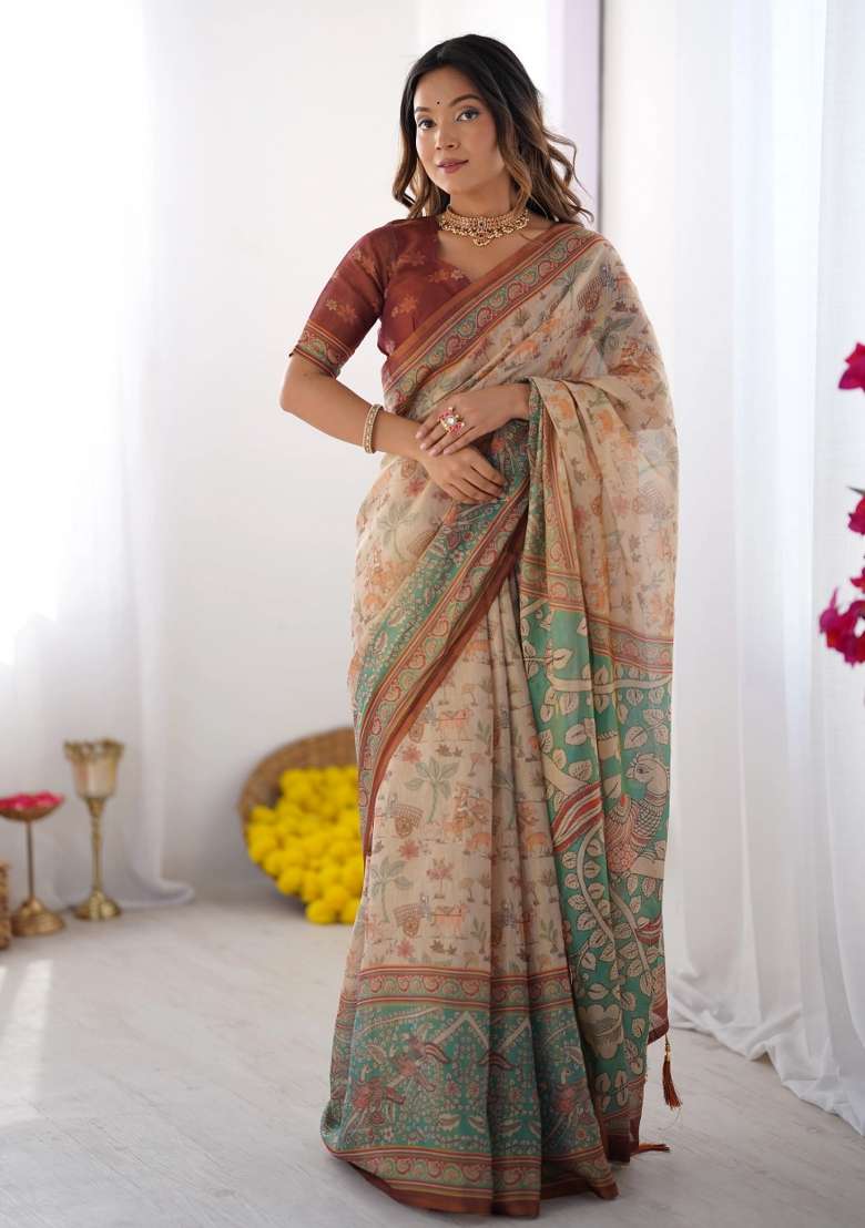 Beige Printed Cotton Saree Set - Indya