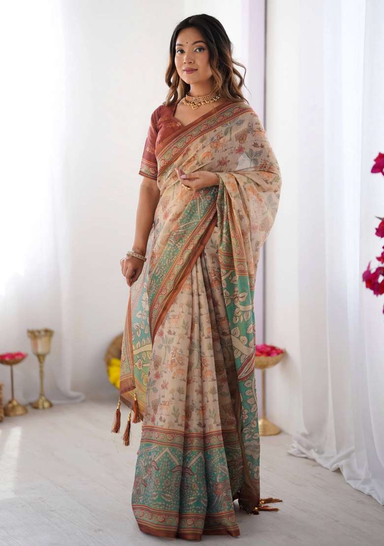 Beige Printed Cotton Saree Set - Indya