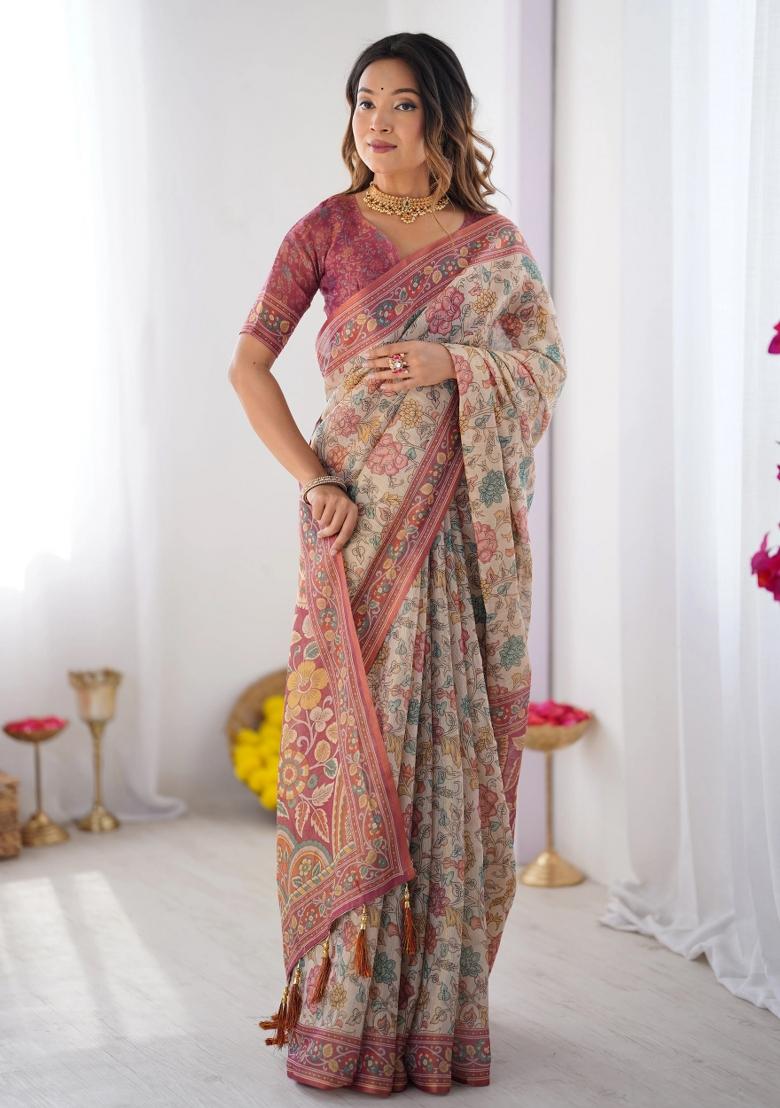 Cream Printed Cotton Saree Set