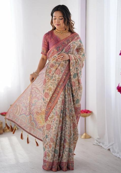 Cream Printed Cotton Saree Set