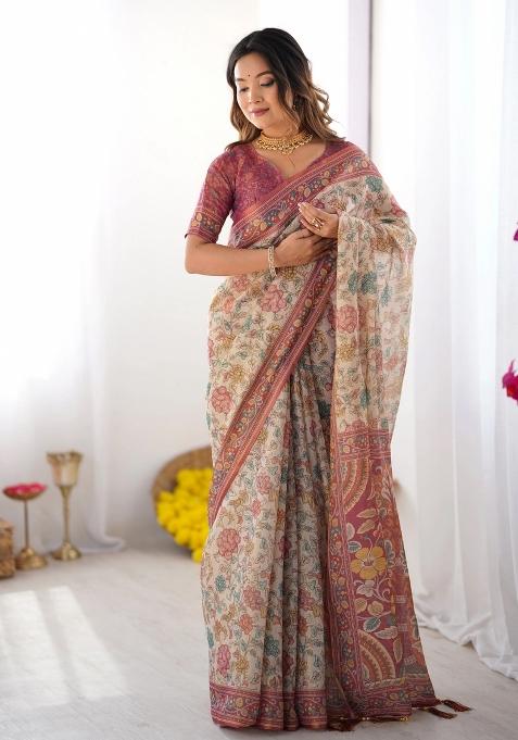 Cream Printed Cotton Saree Set