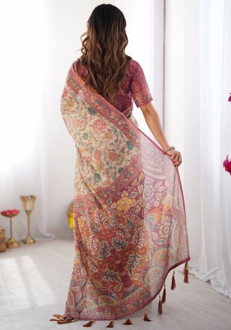 Cream Printed Cotton Saree Set