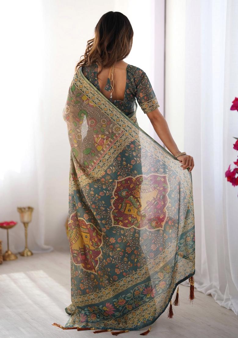 Teal Printed Cotton Saree Set