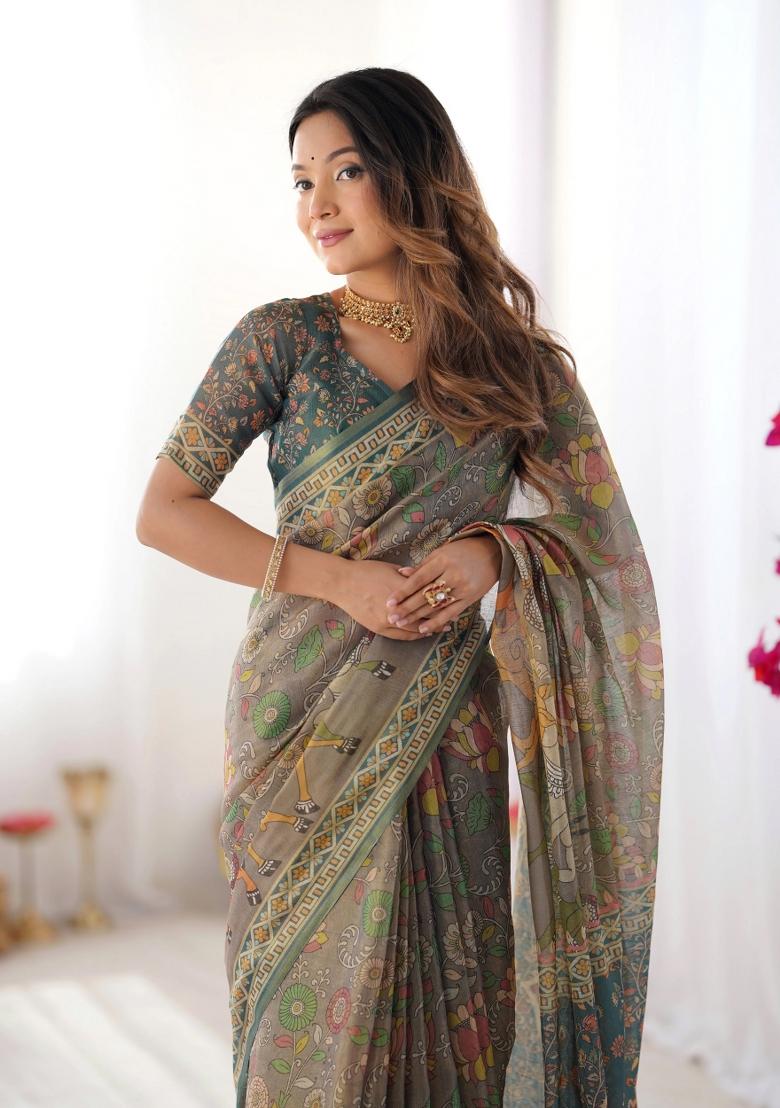 Teal Printed Cotton Saree Set