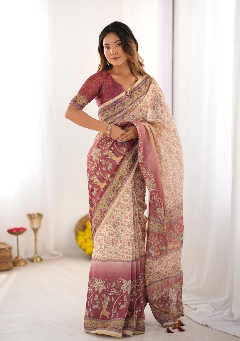 Beige Printed Cotton Saree Set - Indya