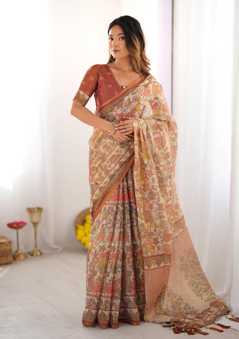 Beige Printed Cotton Saree Set - Indya