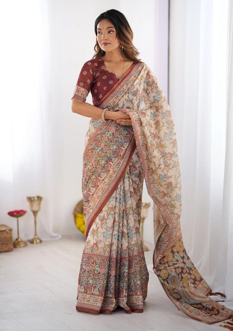 Beige Printed Cotton Saree Set - Indya