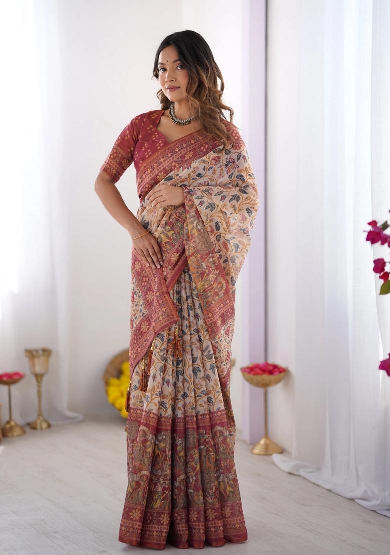 Multicolor Printed Cotton Saree Set