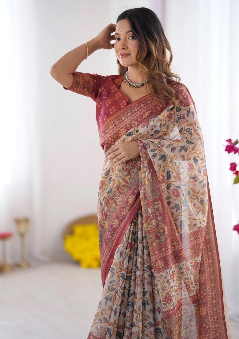 Multicolor Printed Cotton Saree Set