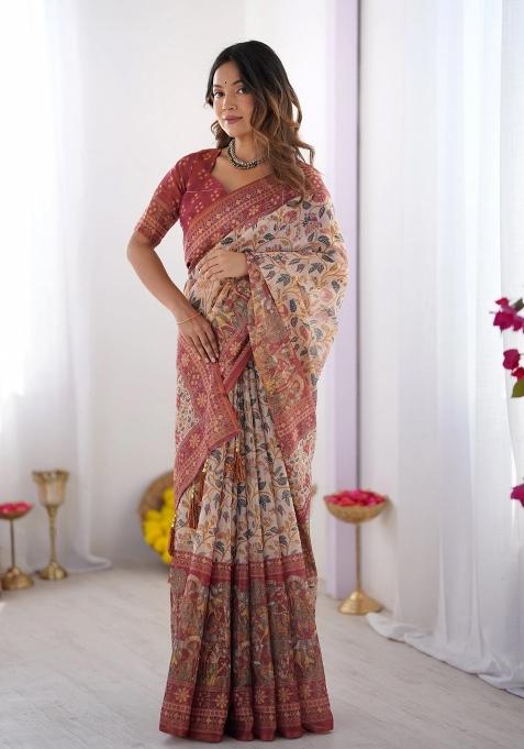 Multicolor Printed Cotton Saree Set