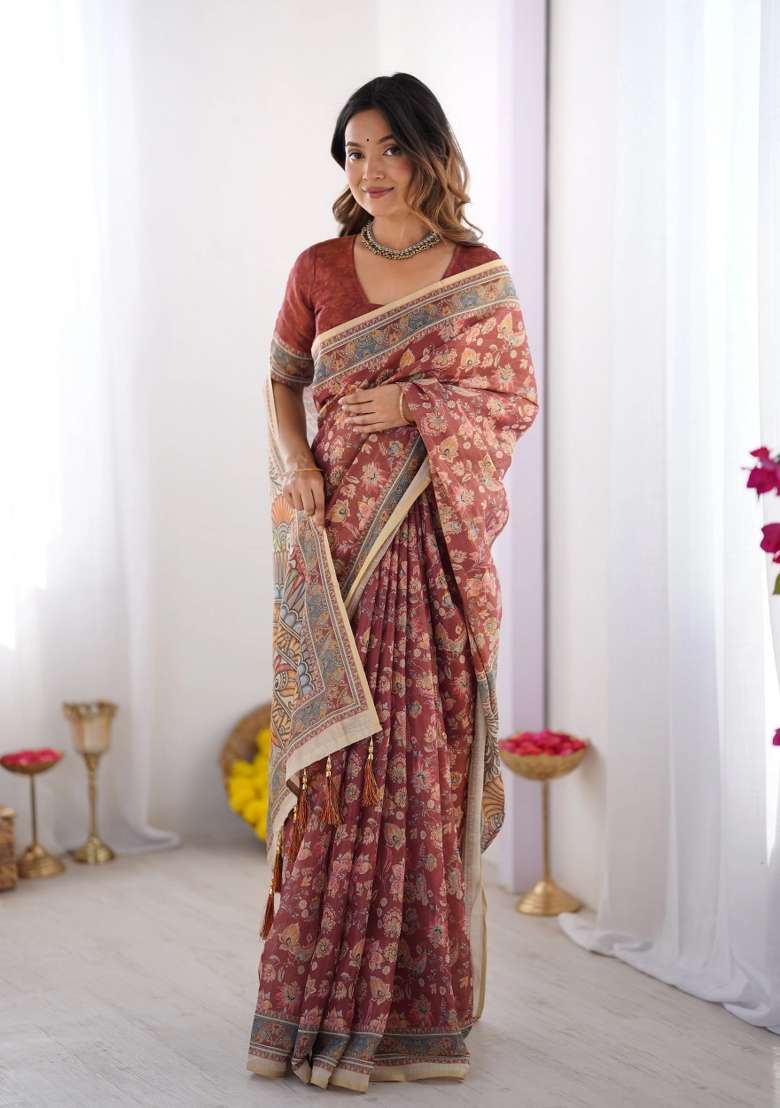 Rust Printed Cotton Saree Set - Indya