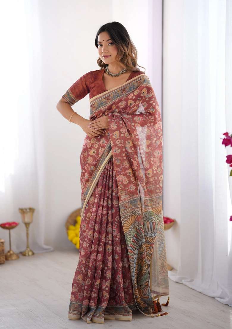 Rust Printed Cotton Saree Set - Indya