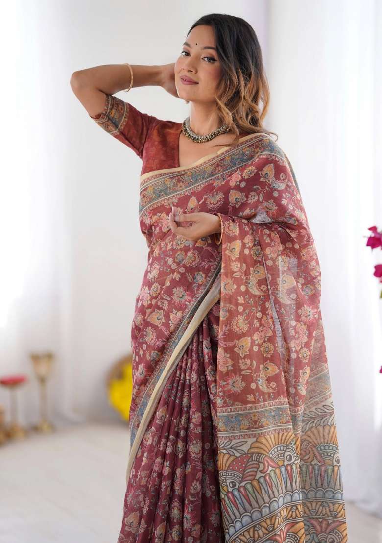 Rust Printed Cotton Saree Set - Indya
