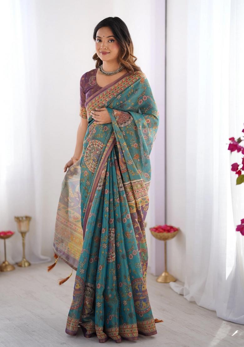 Multicolor Printed Cotton Saree Set