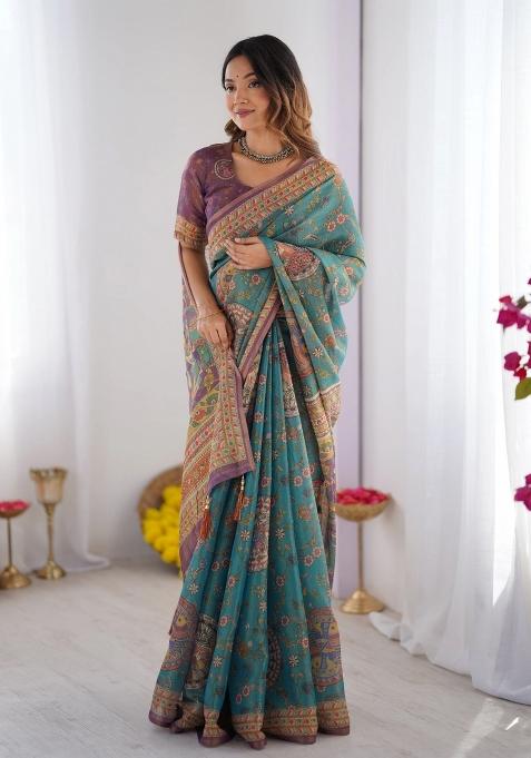 Multicolor Printed Cotton Saree Set